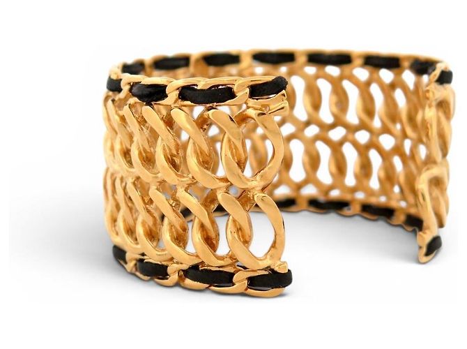 BRACCIALE VINTAGE CHANEL MANCHETTE CHAINE & CUIR ENTRELACE METAL DORE CUFF BANGLE D'oro - vista 3