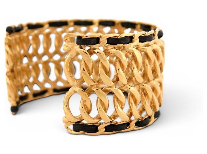 BRACCIALE VINTAGE CHANEL MANCHETTE CHAINE & CUIR ENTRELACE METAL DORE CUFF BANGLE D'oro - vista 4