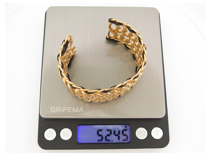 BRACCIALE VINTAGE CHANEL MANCHETTE CHAINE & CUIR ENTRELACE METAL DORE CUFF BANGLE D'oro - vista 6