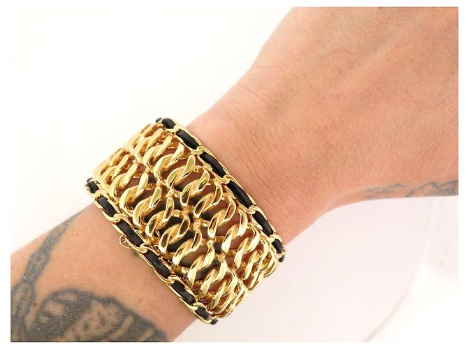 BRACCIALE VINTAGE CHANEL MANCHETTE CHAINE & CUIR ENTRELACE METAL DORE CUFF BANGLE D'oro - vista 8