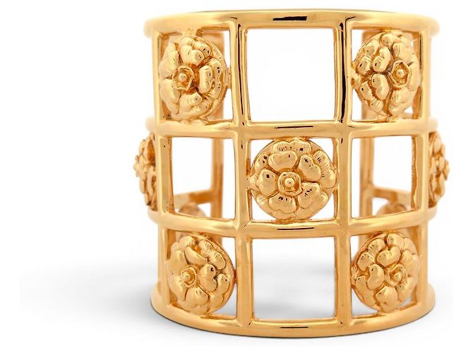 BRACCIALE VINTAGE CHANEL MANCHETTE CAGE CAMELIAS IN METALLO DORATO GOLD BANGLE CUFF D'oro - vista 2