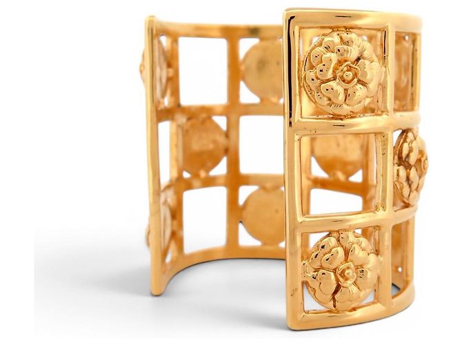 BRACCIALE VINTAGE CHANEL MANCHETTE CAGE CAMELIAS IN METALLO DORATO GOLD BANGLE CUFF D'oro - vista 4