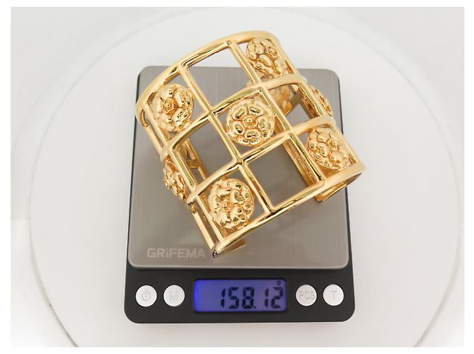 BRACCIALE VINTAGE CHANEL MANCHETTE CAGE CAMELIAS IN METALLO DORATO GOLD BANGLE CUFF D'oro - vista 7