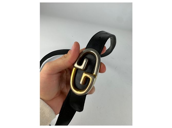 Vintage Gucci Double G Ledergürtel Schwarz Gold Silber - Ansicht 2