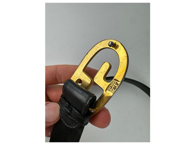 Vintage Gucci Double G Ledergürtel Schwarz Gold Silber - Ansicht 4