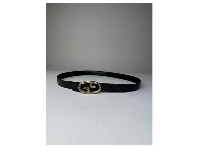 Vintage Gucci Double G Ledergürtel Schwarz Gold Silber - Ansicht 5