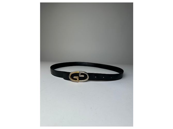Vintage Gucci Double G Ledergürtel Schwarz Gold Silber - Ansicht 9