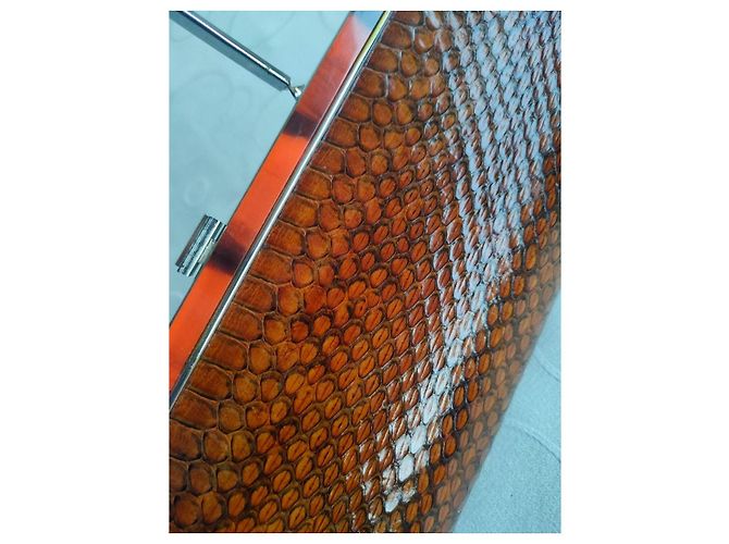Autre Marque Braune Clutch aus geprägtem Pythonleder mit Griff - Ansicht 3