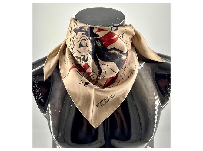 Burberry Pañuelo de Seda Estampado Perro Cartoon Negro Roja Multicolor Beige - vista 12