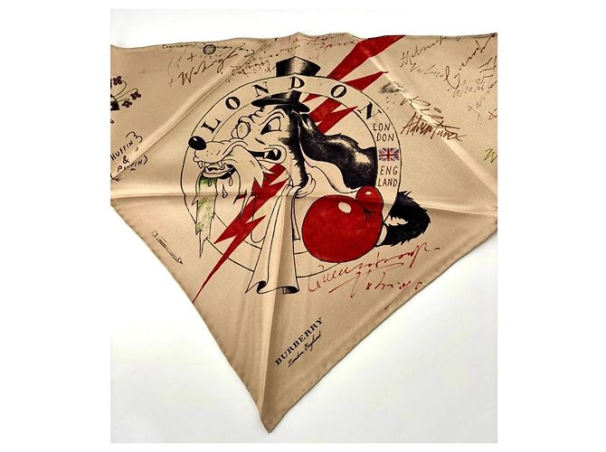 Burberry Pañuelo de Seda Estampado Perro Cartoon Negro Roja Multicolor Beige - vista 6