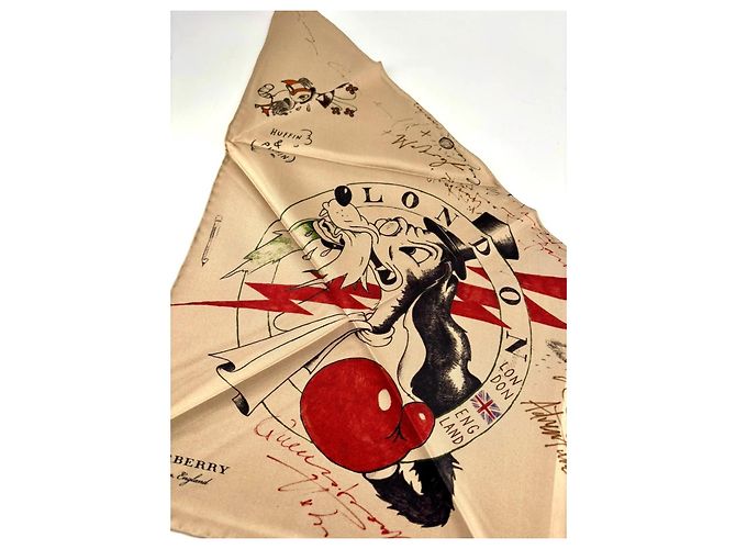Burberry Pañuelo de Seda Estampado Perro Cartoon Negro Roja Multicolor Beige - vista 7