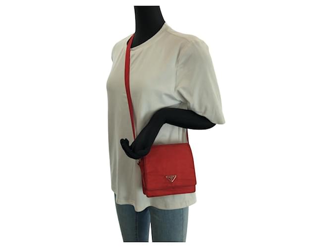 Borsa a Spalla Prada Nylon Tessuto Triangle Logo Rosso - vista 7
