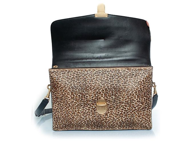Céline Celine, maletín de cuero con estampado de leopardo en negro y marrón - vista 6