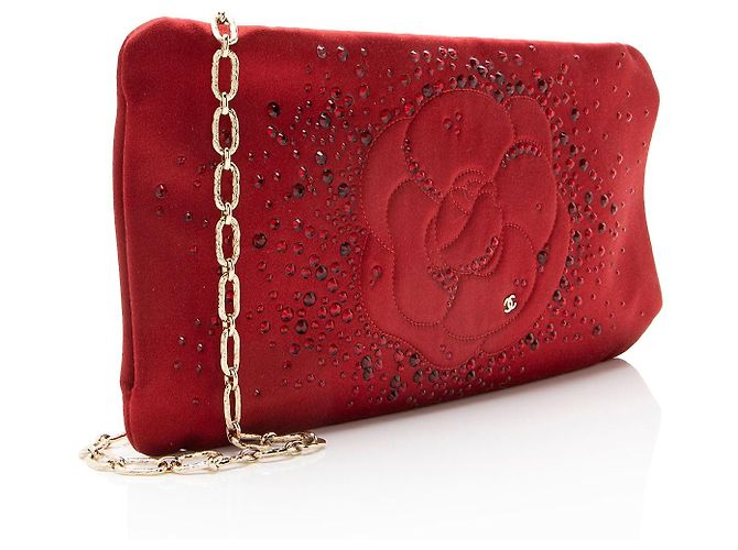 Gabrielle Clutch Chanel in raso con decorazioni in cristallo e camelia con catena Rosso - vista 2