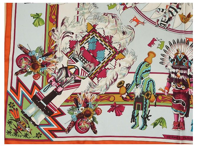 Hermès Kachina Kermit Oliver Seidentuch 90cm Braun Pink Weiß Rot Grün Orange Hellblau Gold hardware - Ansicht 10