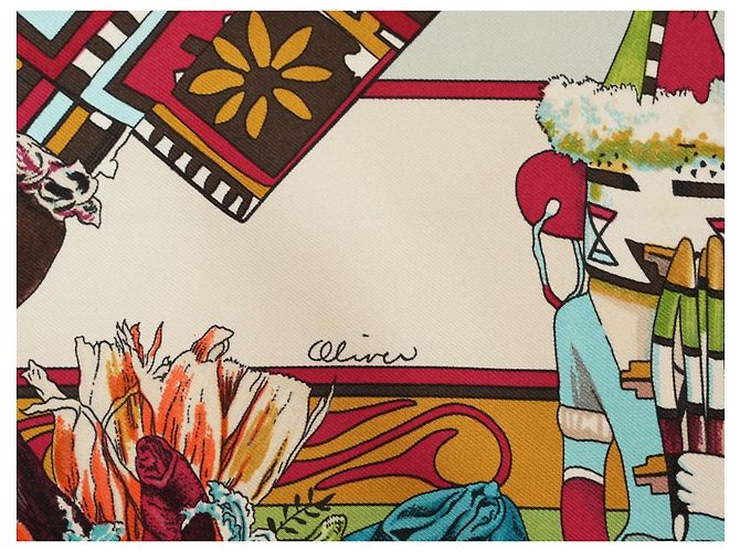 Hermès Kachina Kermit Oliver Seidentuch 90cm Braun Pink Weiß Rot Grün Orange Hellblau Gold hardware - Ansicht 13