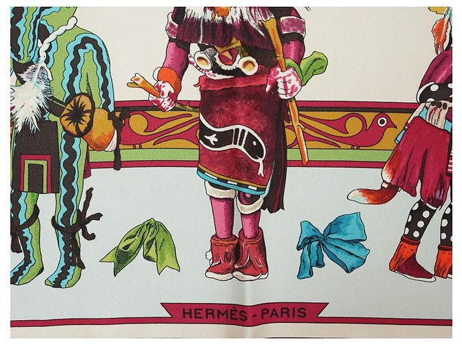 Hermès Kachina Kermit Oliver Seidentuch 90cm Braun Pink Weiß Rot Grün Orange Hellblau Gold hardware - Ansicht 14