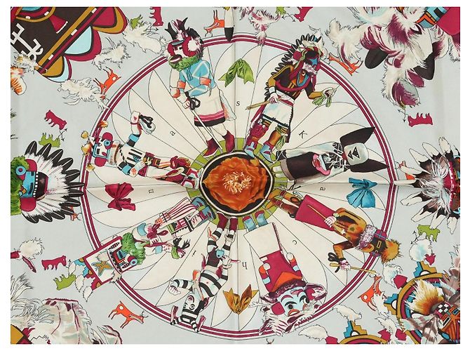 Hermès Kachina Kermit Oliver Seidentuch 90cm Braun Pink Weiß Rot Grün Orange Hellblau Gold hardware - Ansicht 3