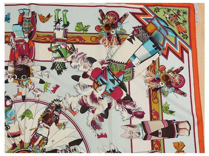 Hermès Kachina Kermit Oliver Seidentuch 90cm Braun Pink Weiß Rot Grün Orange Hellblau Gold hardware - Ansicht 7