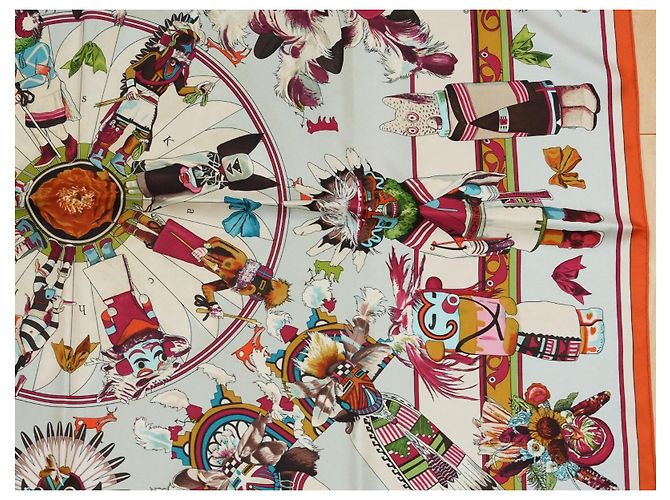 Hermès Kachina Kermit Oliver Seidentuch 90cm Braun Pink Weiß Rot Grün Orange Hellblau Gold hardware - Ansicht 8