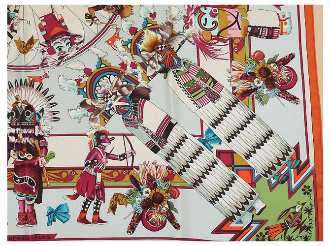 Hermès Kachina Kermit Oliver Seidentuch 90cm Braun Pink Weiß Rot Grün Orange Hellblau Gold hardware - Ansicht 9