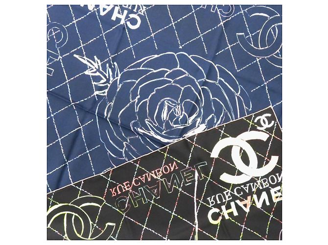 Chanel Coco Mark Camellia Schal Schwarz Marineblau - Ansicht 3