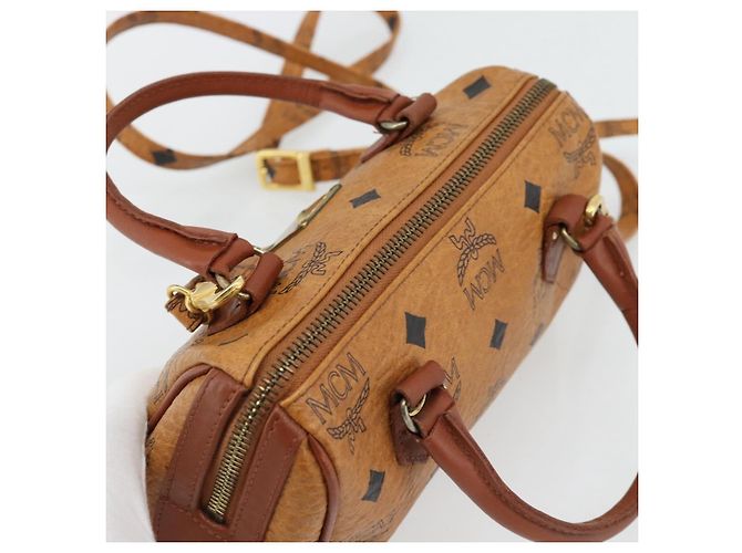 Borsa Boston Mini MCM Vicetos Logogram in PVC e pelle 2way Marrone Oro Auth 181122 D'oro - vista 6
