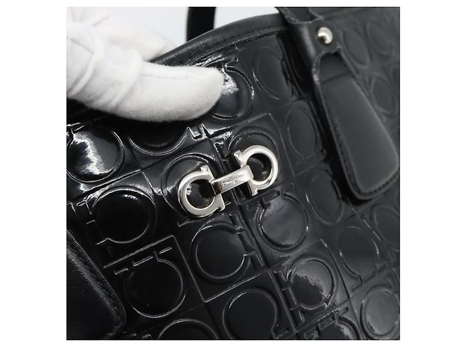 Borsa Tote Salvatore Ferragamo Gancini in vernice nera argento Auth bs35253 - vista 10
