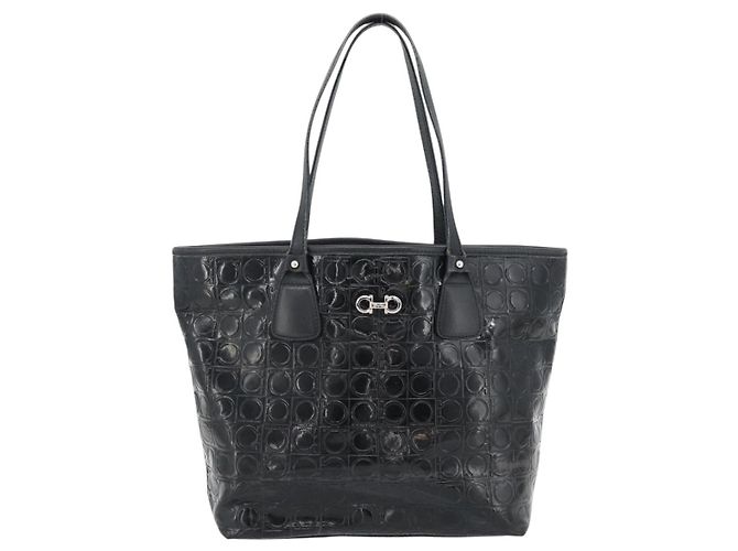 Borsa Tote Salvatore Ferragamo Gancini in vernice nera argento Auth bs35253 - vista 13