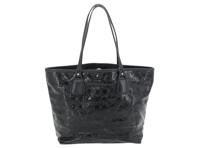 Borsa Tote Salvatore Ferragamo Gancini in vernice nera argento Auth bs35253 - vista 2