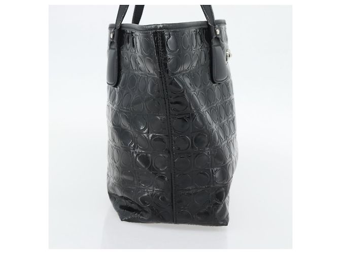 Borsa Tote Salvatore Ferragamo Gancini in vernice nera argento Auth bs35253 - vista 3