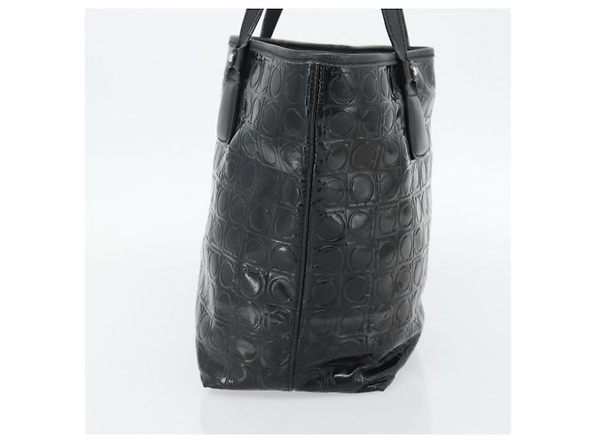 Borsa Tote Salvatore Ferragamo Gancini in vernice nera argento Auth bs35253 - vista 4