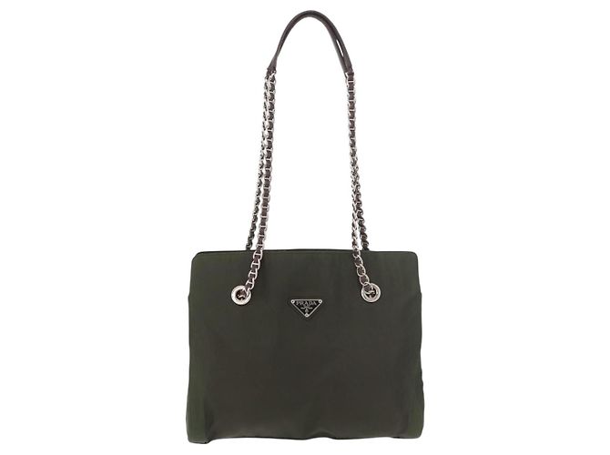 PRADA Chain Tote Bag Nylon Khaki Silver Auth 180596 Silber - Ansicht 13