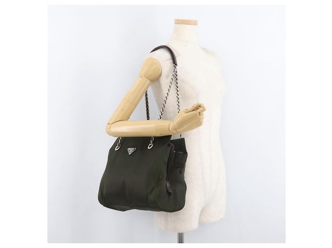 PRADA Chain Tote Bag Nylon Khaki Silver Auth 180596 Silber - Ansicht 27