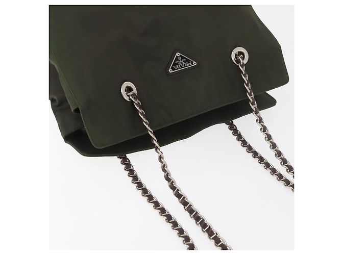 PRADA Chain Tote Bag Nylon Khaki Silver Auth 180596 Silber - Ansicht 6