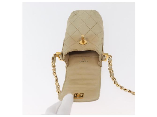 CHANEL Borsa a Spalla Matelassé con Catena in Pelle di Agnello Beige Oro CC Auth 179876A D'oro - vista 10
