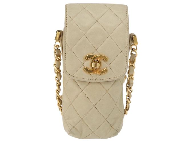 CHANEL Borsa a Spalla Matelassé con Catena in Pelle di Agnello Beige Oro CC Auth 179876A D'oro - vista 13