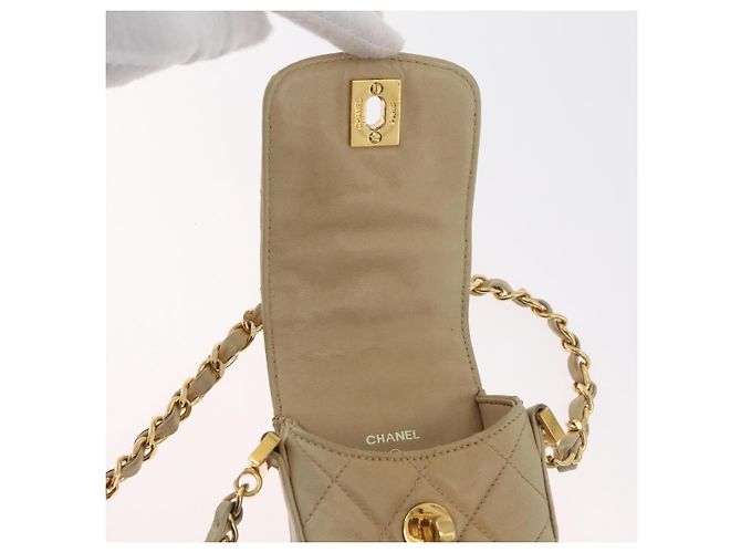 CHANEL Borsa a Spalla Matelassé con Catena in Pelle di Agnello Beige Oro CC Auth 179876A D'oro - vista 18