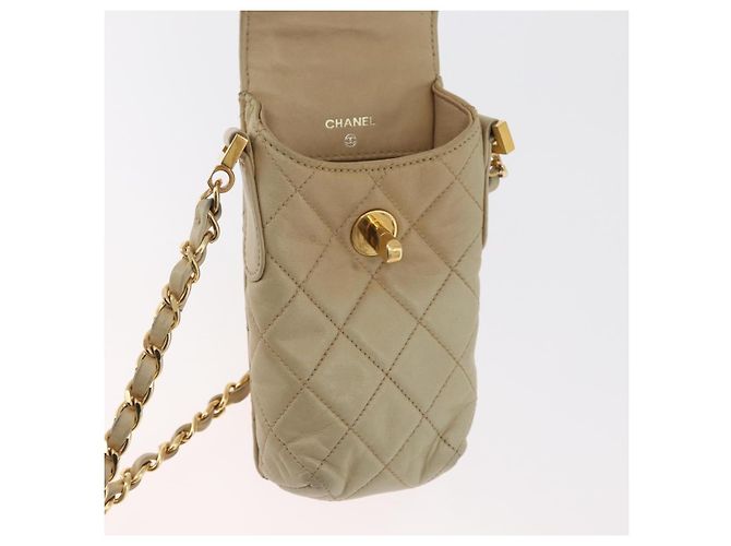 CHANEL Borsa a Spalla Matelassé con Catena in Pelle di Agnello Beige Oro CC Auth 179876A D'oro - vista 19