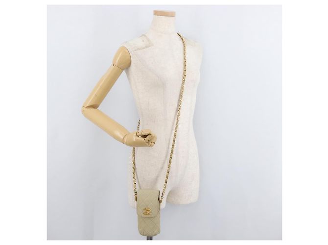 CHANEL Borsa a Spalla Matelassé con Catena in Pelle di Agnello Beige Oro CC Auth 179876A D'oro - vista 24
