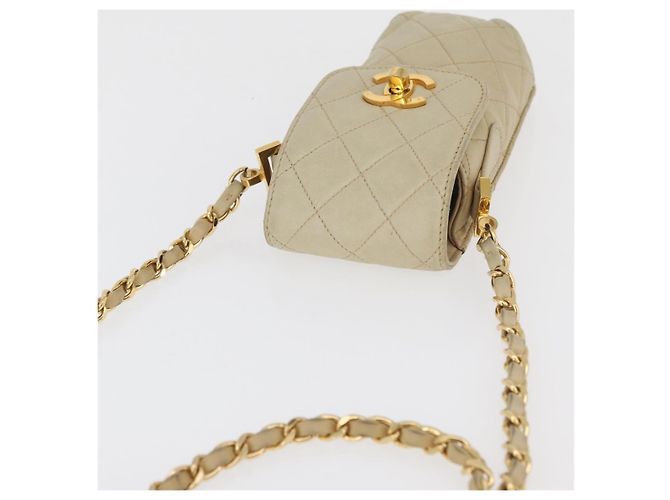 CHANEL Borsa a Spalla Matelassé con Catena in Pelle di Agnello Beige Oro CC Auth 179876A D'oro - vista 6