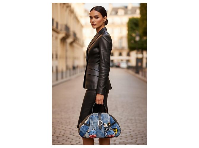 Christian Dior Miss Diorella Speedway Borsa Saddle Grande in Denim Marrone Bianco Blu Multicolore Silver hardware - vista 4