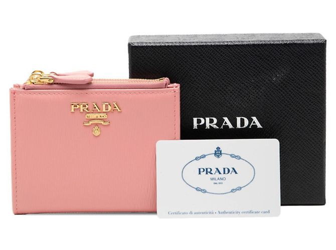 Portafoglio bi-fold con logo Prada in pelle rosa - vista 7