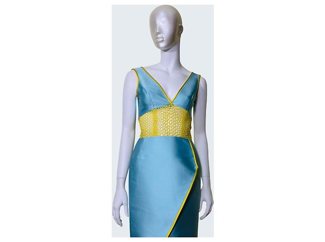 Autre Marque Angel Sanchez Blaues Seidenkleid mit gelber Taille - Ansicht 2