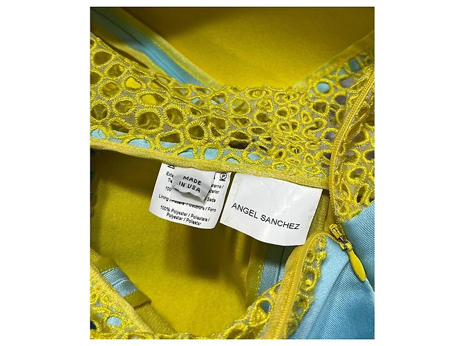 Autre Marque Angel Sanchez Blaues Seidenkleid mit gelber Taille - Ansicht 5