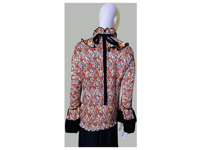 Top plissé floreale Tory Burch con scollo a volant e polsini in velluto Nero Multicolore - vista 5