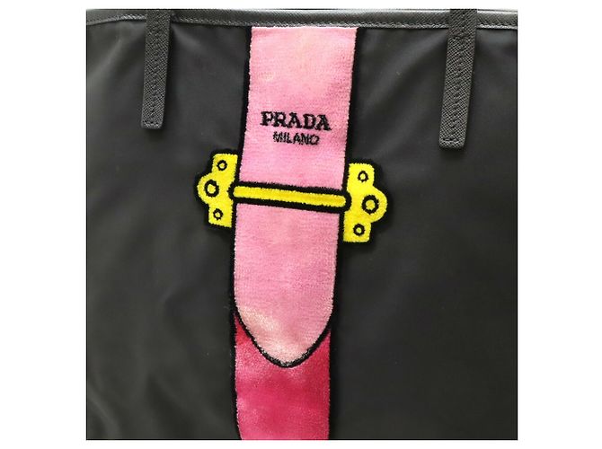 Borsa Tote Prada Velour Belt Motif Nero Rosa - vista 10