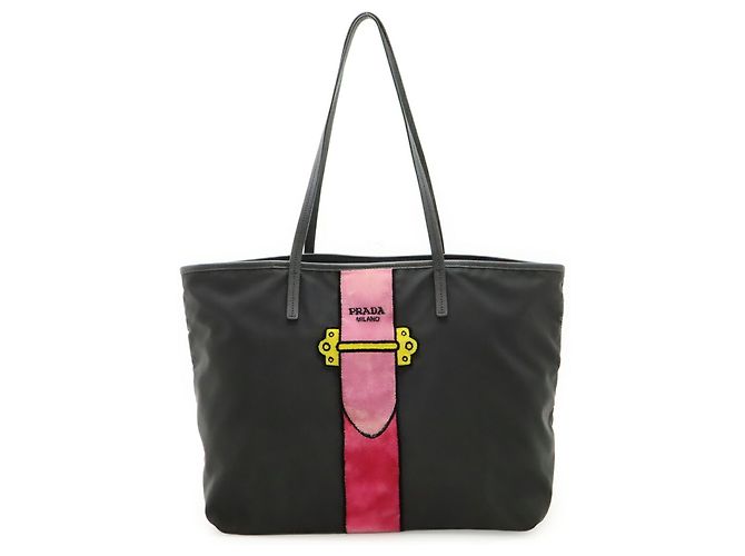 Borsa Tote Prada Velour Belt Motif Nero Rosa - vista 2