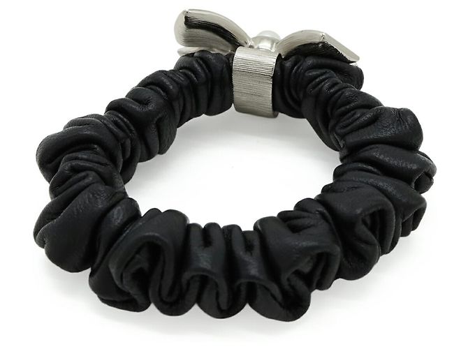Scrunchie in pelle con nastro Coco Mark e strass CHANEL Nero Argento - vista 3