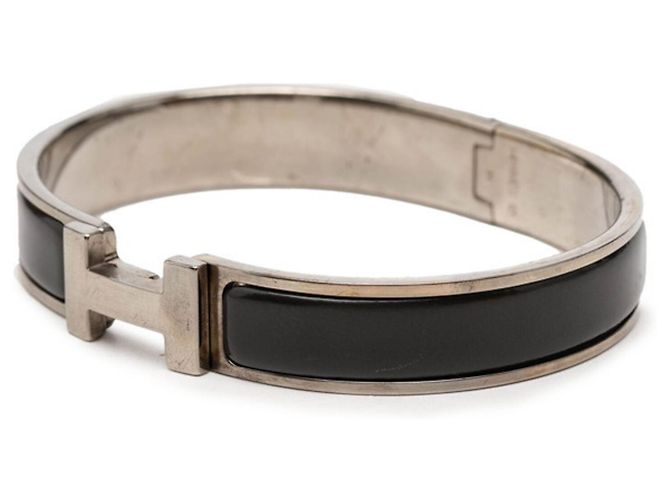 Hermès Bracciale rigido in smalto Hermes Click H TGM Logo Nero Argento - vista 2